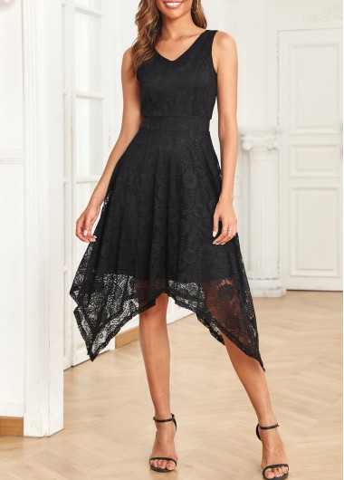 Lace Black V Neck Sleeveless Dress