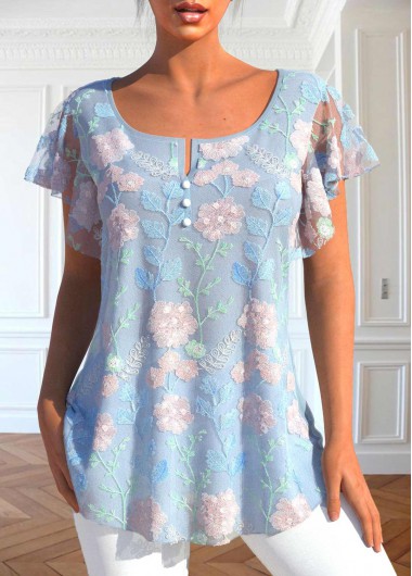 Split Neck Lace Light Blue T Shirt