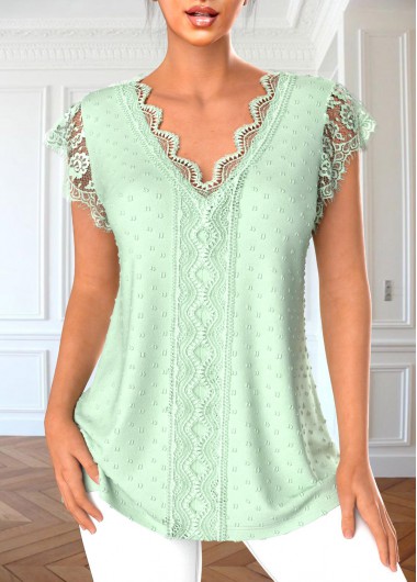 Lace Patchwork Light Green V Neck T Shirt
