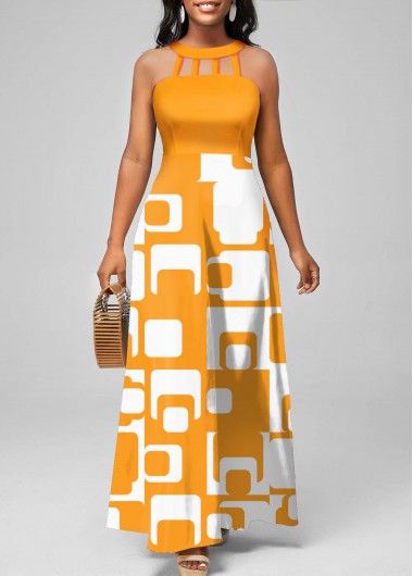 Geometric Print Cage Neck Ginger Maxi Dress