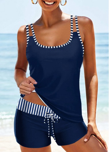 Mid Waisted Striped Drawstring Navy Tankini Set