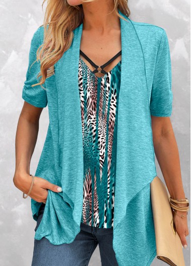 Leopard Fake 2in1 Turquoise V Neck T Shirt