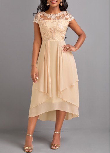 Round Neck Lace Champagne High Low Dress