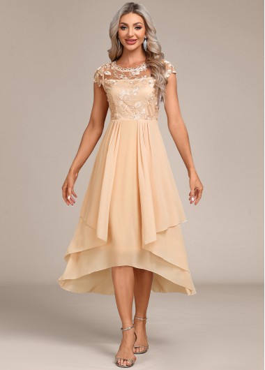 ROTITA Lace Champagne High Low Round Neck Dress