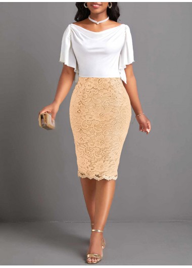 ROTITA Lace Champagne Off Shoulder Short Sleeve Bodycon Dress