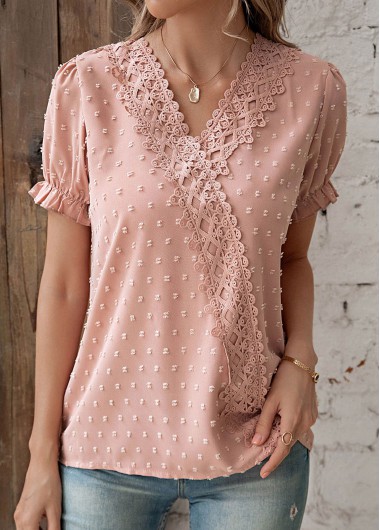 Patchwork Frill Dusty Pink V Neck T Shirt