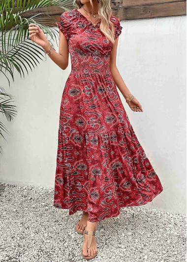 Smocked Tribal Print Wine Red Maxi Dress