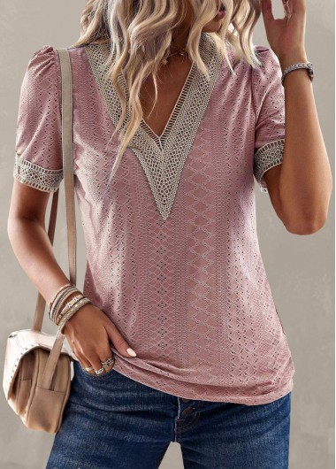 Pink V Neck Short Sleeve Patchwork T Shirt