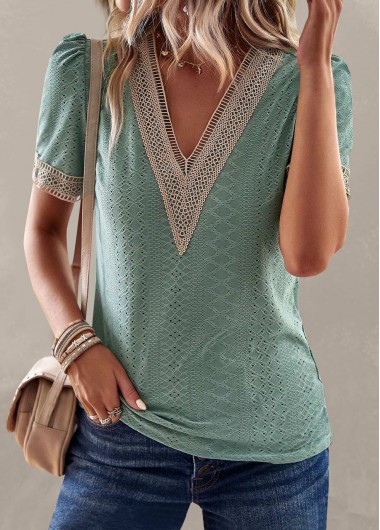 Green V Neck Short Sleeve Patchwork T Shirt