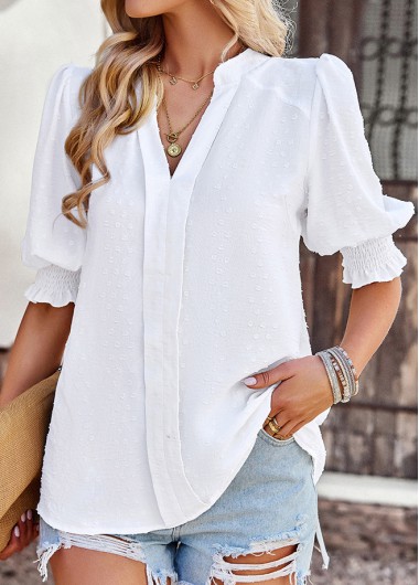 Smocked Patchwork White Split Neck Blouse