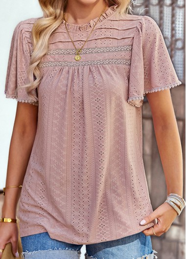 Lace Dusty Pink Patchwork Round Neck T Shirt