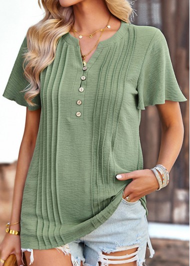 Green Split Neck Short Sleeve Button Blouse