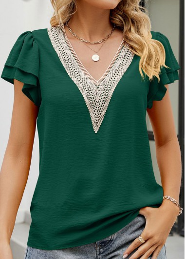 Green V Neck Short Sleeve Patchwork Blouse