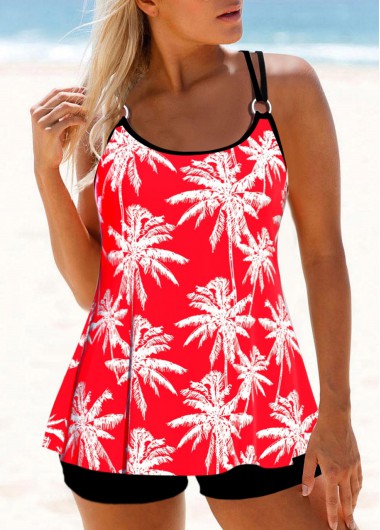 Tropical Plants Print Circular Ring Coral Tankini Top