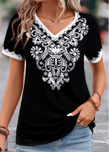 Patchwork Tribal Print Black V Neck T Shirt