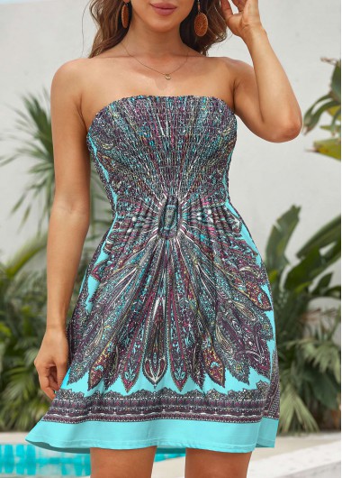 Tribal Print Smocked Multi Color Bandeau Dress