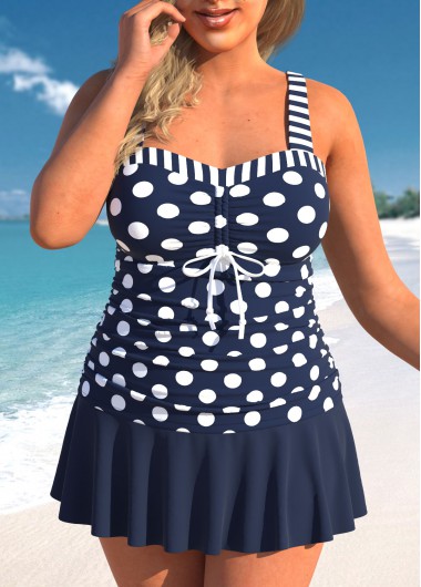 Navy Plus Size Polka Dot Drawstring Tankini Top