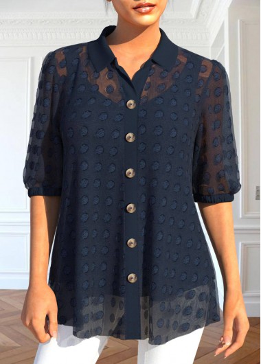 Shirt Collar Button Navy Half Sleeve Blouse