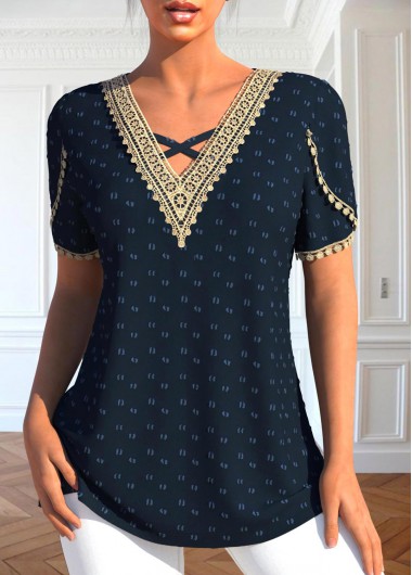 ROTITA Patchwork Navy V Neck Short Sleeve T Shirt
