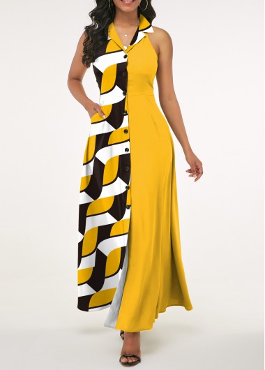 Geometric Print Button Yellow Lapel Sleeveless Maxi Dress