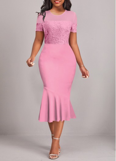 Round Neck Lace Pink Short Sleeve Bodycon Dress