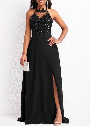 Tie Black Patchwork Sleeveless Maxi Dress
