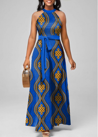 Tribal Print Tie Belted Blue Maxi Dress