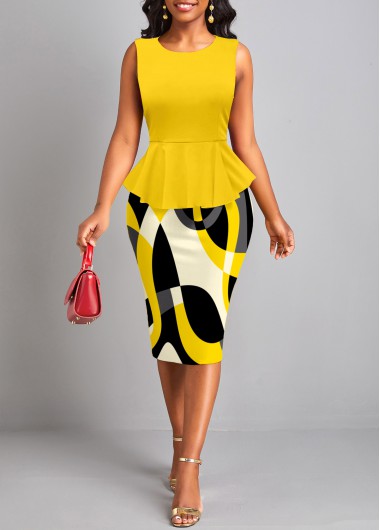 Geometric Print Ruffle Yellow Round Neck Bodycon Dress