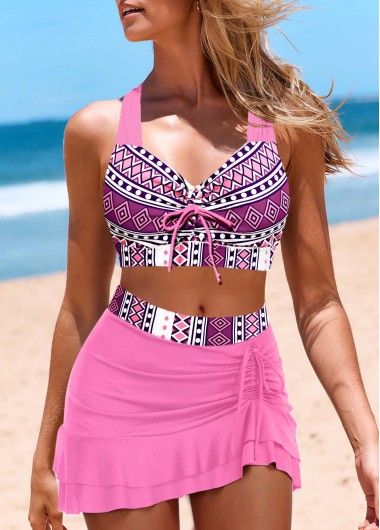 ROTITA Drawstring Pink Geometric Print Mid Waisted Bikini Set