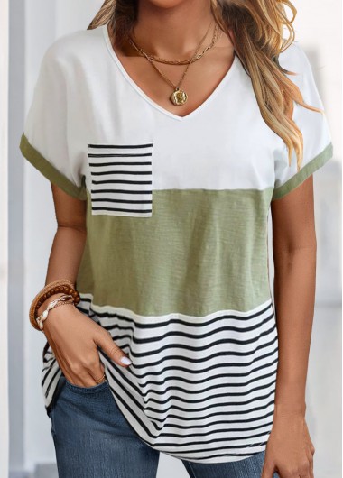 Striped Pocket Sage Green V Neck T Shirt
