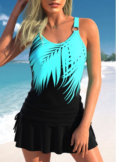 Tropical Plants Print Drawstring Black Tankini Top