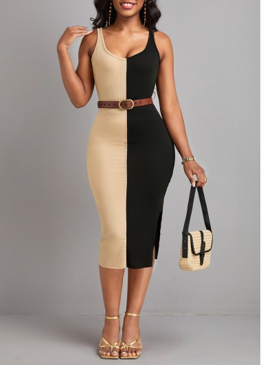 Split Patchwork Black Sleeveless Bodycon Dress