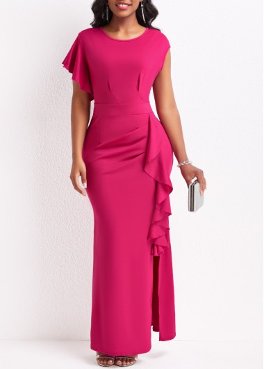 Hot Pink Round Neck Ruffle Dress