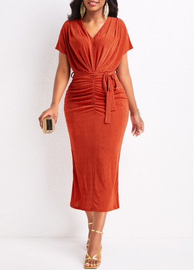 Ruched Belted Red V Neck Bodycon Dress