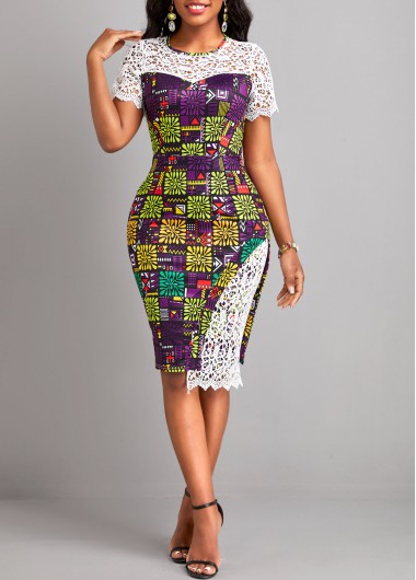 Round Neck Tribal Print Multi Color Bodycon Dress