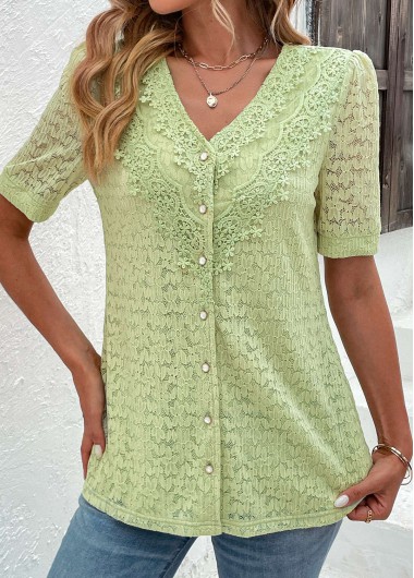 ROTITA Lace Green V Neck Short Sleeve Blouse