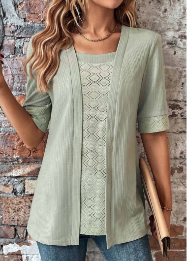 Fake 2in1 Square Neck Sage Green T Shirt