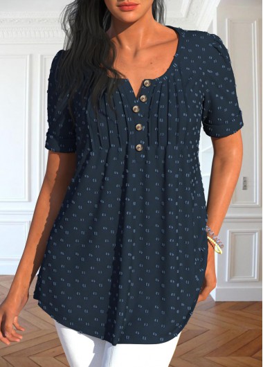 ROTITA Tuck Stitch Navy Split Neck Short Sleeve Blouse