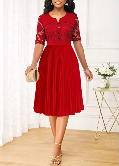 Lace Pleated Red Split Neck Half Sleeve Dress