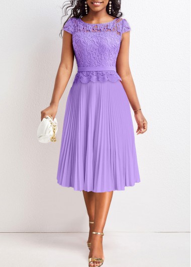 ROTITA Lace Light Purple Round Neck Short Sleeve Dress
