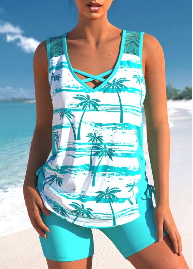 Mid Waisted Tropical Plants Print Lace Tankini Set