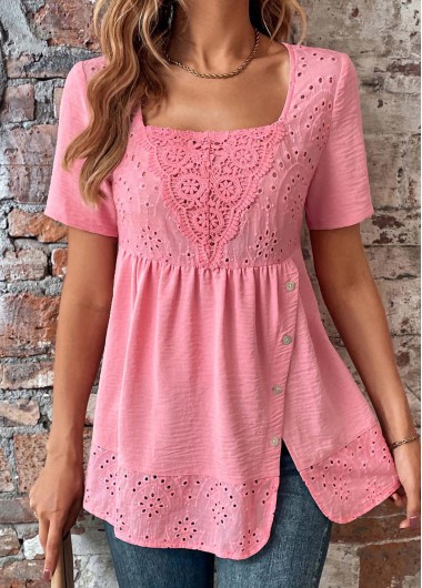 ROTITA Button Pink Square Neck Short Sleeve Blouse