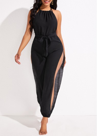 Split Black Cutout Tie Beach Jumpsuit