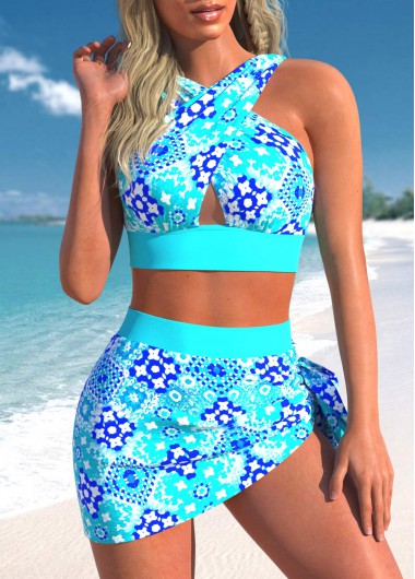 High Waisted Tribal Print Criss Cross Bikini Set