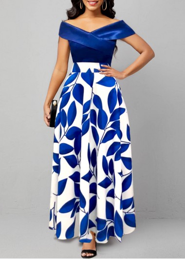 Leaf Print Surplice Dark Blue Maxi Dress