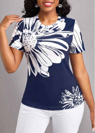 Floral Print Lightweight Navy Round Neck T Shirt