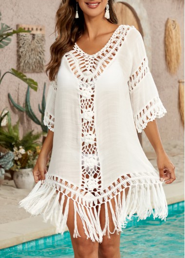 Patchwork White Weave Tassel Cover Up