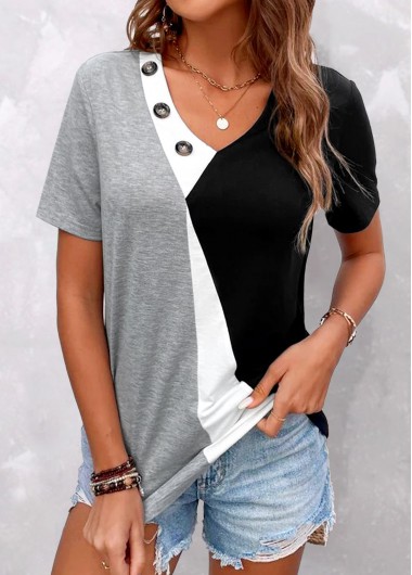 Plus Size Grey Button Short Sleeve T Shirt