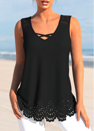 V Neck Burn Out Printing Black Tank Top