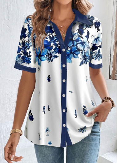 ROTITA Button Floral Print White Shirt Collar Blouse